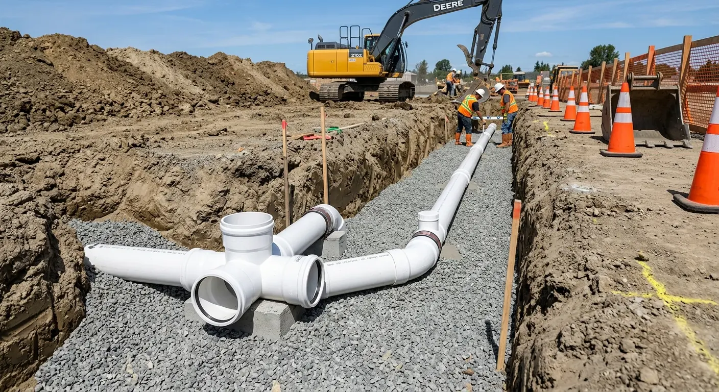 New PVC sewer pipe installation in open trench for Sewer Backup in Deschutes River Woods