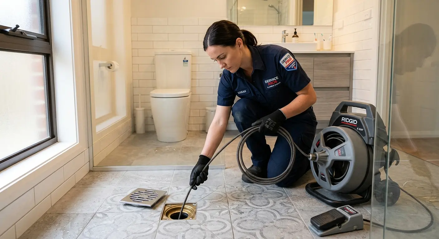Technician clearing a bathroom floor drain for Hydro Jetting in Deschutes River Woods